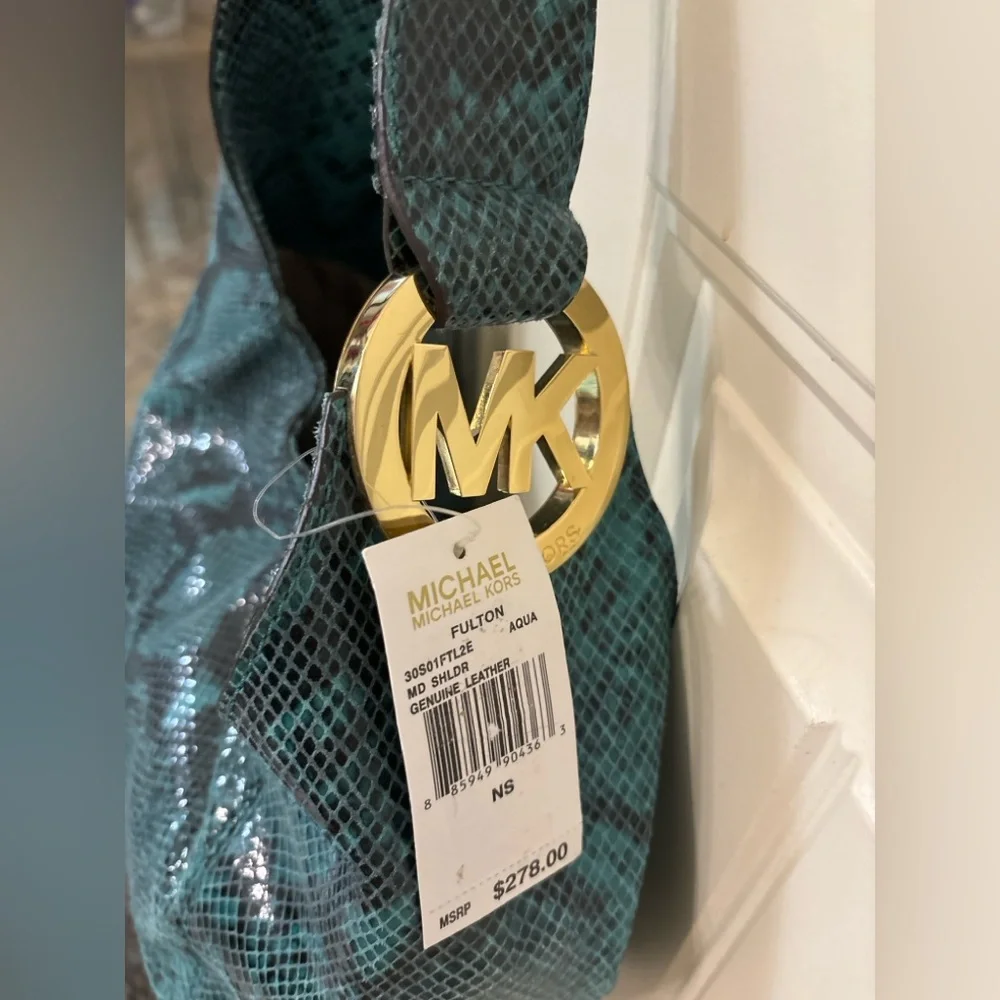 Michael Kors Fulton Aqua Python Embossed Leather Shoulder Bag NWT - Picture 2 of 4